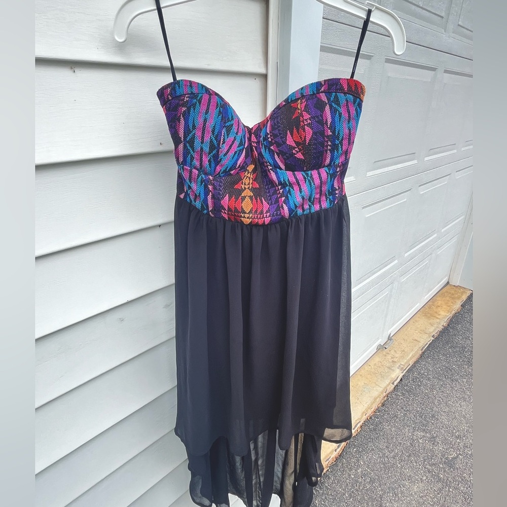 colorful strapless dress with mesh layers